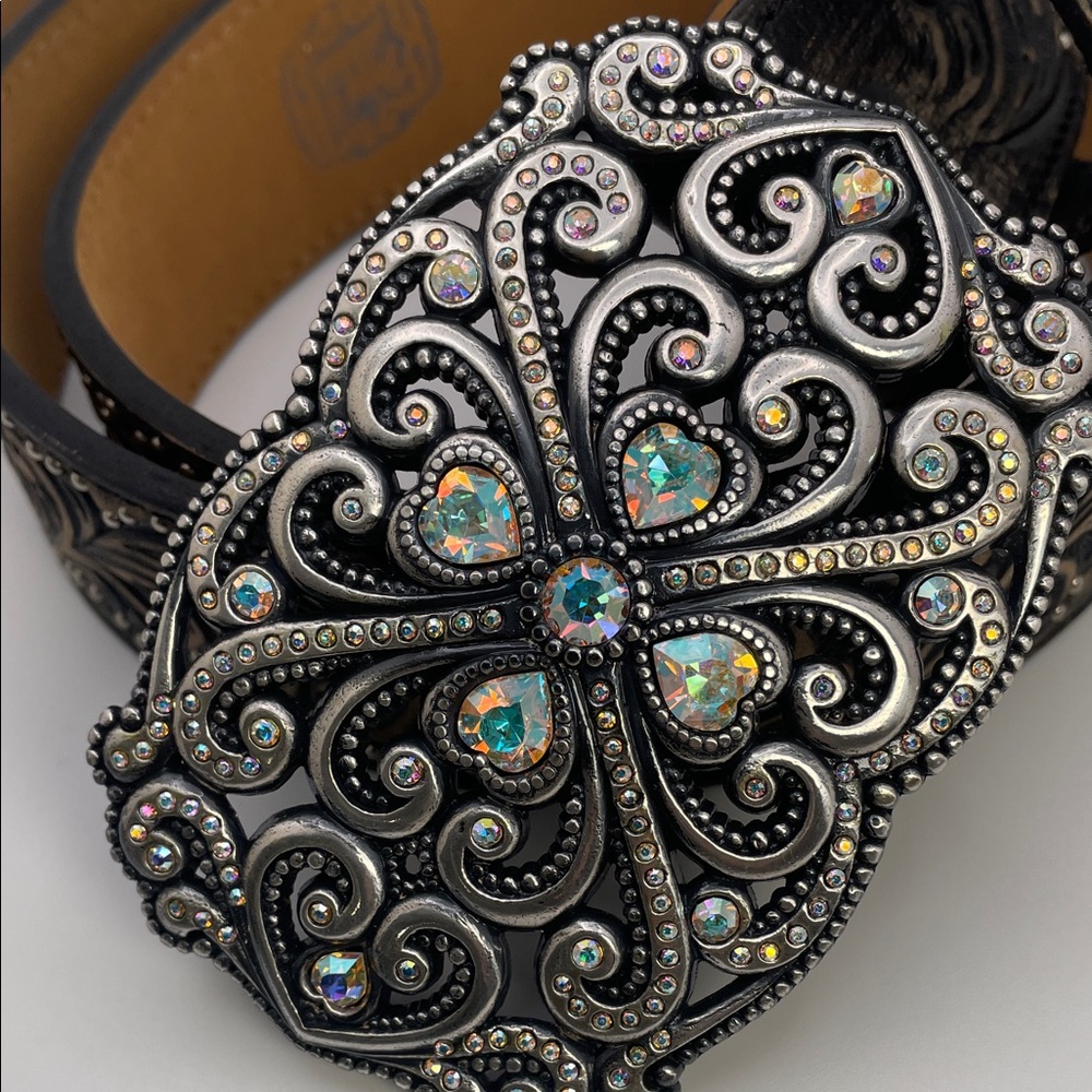 Crystal AB aurora borealis leather tooled western Black Embellished Belt - Picture 8 of 17